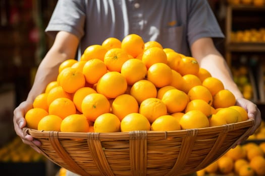 Person Holding a Large Basket Full of Fresh Oranges. High quality photo