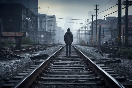 Solitary Figure Walking Down Foggy Urban Railway Tracks. High quality photo