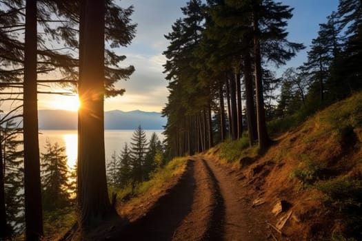 Sunset Rays Piercing Through a Forest Path Overlooking a Lake. High quality photo