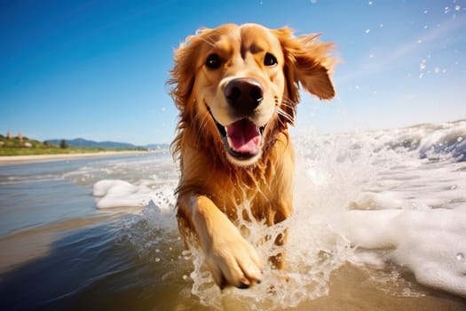 Joyful Golden Retriever Playing in the Sea Spray at the Beach. High quality photo