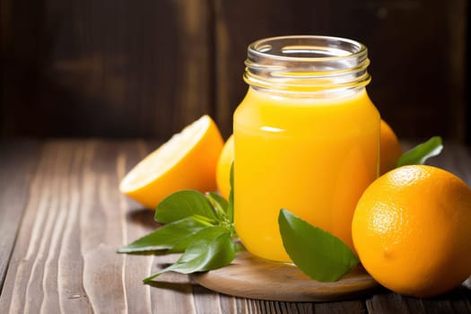 Freshly Squeezed Orange Juice in a Mason Jar with Oranges and Basil. High quality photo