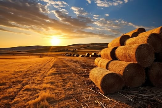 Golden Sunset Over Rolling Hills with Hay Bales. High quality photo