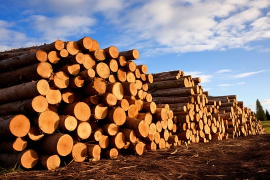 Piles of Harvested Timber Logs at Sunset. High quality photo