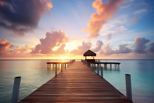Tranquil Sunrise Over a Wooden Jetty Leading to an Overwater Gazebo. High quality photo