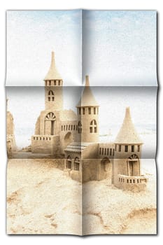 Creative picture of sendcastles on a sunny beach with blue sky. Concept of leisure, holiday, vintage nostalgia memory