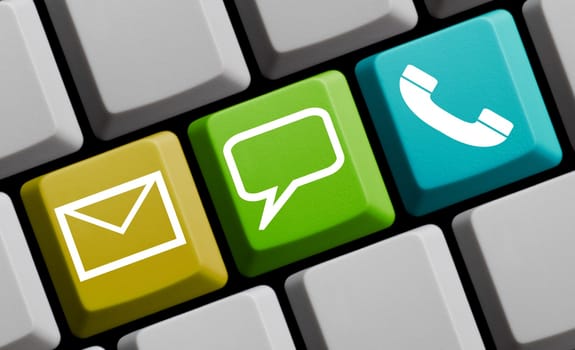 Computer keyboard showing contact icons - 3d illustration