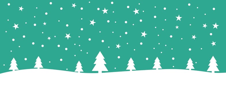 Green christmas banner with winter landscape and snowflakes