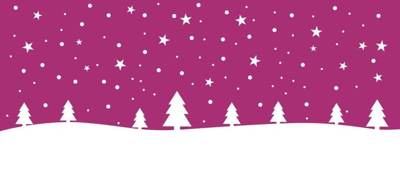 Purple christmas banner with winter landscape and snowflakes