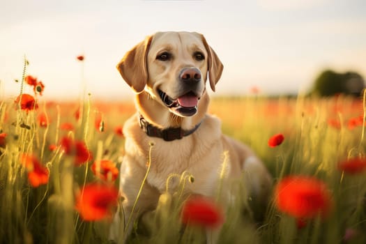 Happy Labrador Retriever Sitting in a Field of Poppies at Sunset. High quality photo