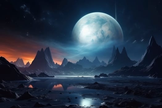 Alien Landscape with Giant Moon and Starry Sky. High quality photo