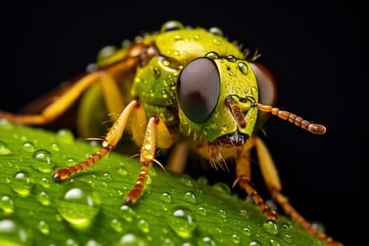 Dew-Kissed Hoverfly on a Leaf in Vivid Macro Detail. High quality photo