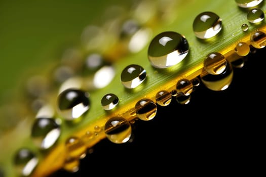 Golden Dewdrops on a Green Leaf Edge. High quality photo