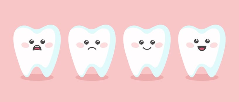 Flat Vector Tooth Set, Different Emotions, Face Expressions. Happy, Sad, Smiling Teeth. Dental Inspection Banner. Tooth Character with Face in Kawaii Style. Medical, Dentist, Dental Health Concept.