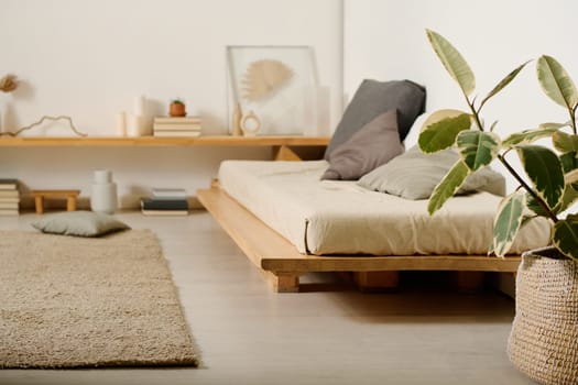 Part of spacious bedroom with comfortable bed with several pillows, beige carpet on the floor and green domestic plant growing in flowerpot