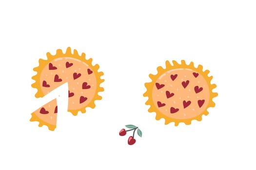 Hand drawn cherry berry pie with hearth shape lattice. Vector illustration isolated. Can used for celebration banner, label, greeting card.