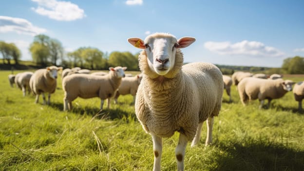Inquisitive Sheep on a Sunny Pasture. High quality photo