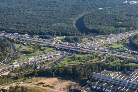 aerial view of highway in Germany in Frankfurt called Frankfurt crossing or in german - Frankfurter Kreuz with cars and traffic jam