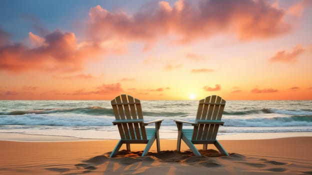 Romantic Sunset View with Beach Chairs on the Shore. High quality photo