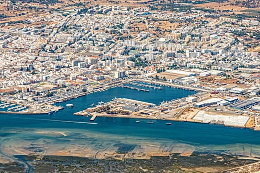 aerial of town of Faro with harbor, Portugal