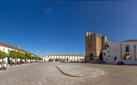 view to castle of Faro in Portugal with empty market square in front, Portugal