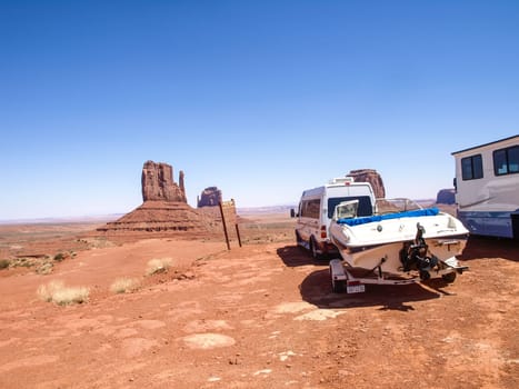 Monument Valley, Arizona, USA - May 12, 2013: Cars on the background Monument Valley.