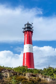 lighthouse of Hoernum on Sylt island, Germany. Landmark, tourist attraction and guiding light for navigation on the North Sea.