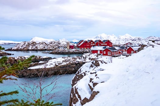 landscape photography. Cloudy winter view of Nusfjord town, Norway, Europe. Bright morning scene of Lofoten Islands. Norwegian seascape.