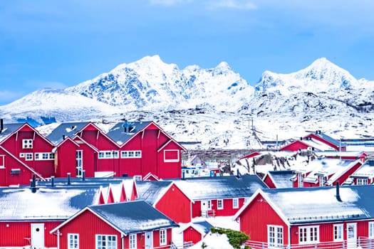 landscape photography. Cloudy winter view of Nusfjord town, Norway, Europe. Bright morning scene of Lofoten Islands. Norwegian seascape.