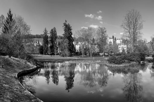 panoramic spring view at Nero Park to the Nero hills with historic villas i Wiesbaden, Germany