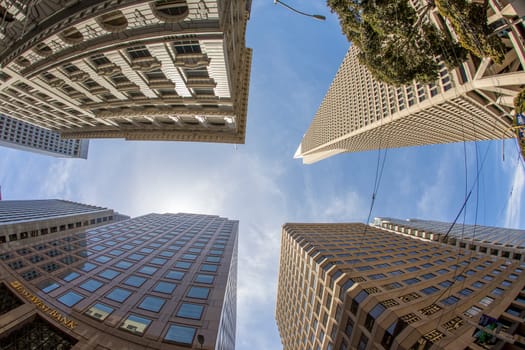 fisheye perspective of skyscraper downtown in financial district of San Francisco, USA