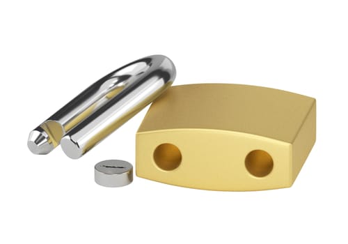 Locked Golden Padlock disassemble on the white background.