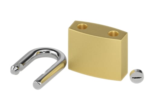 Locked Golden Padlock disassemble on the white background.