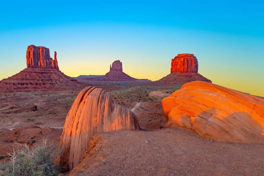 view to monument valley famous Mitten buttes in early morning