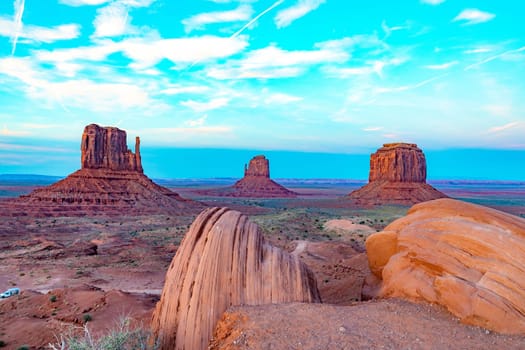 view to monument valley famous Mitten buttes in early morning