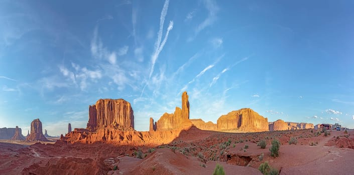 scenic view to the Mittens butte in monument valley seen from visitor center in early morning, USA