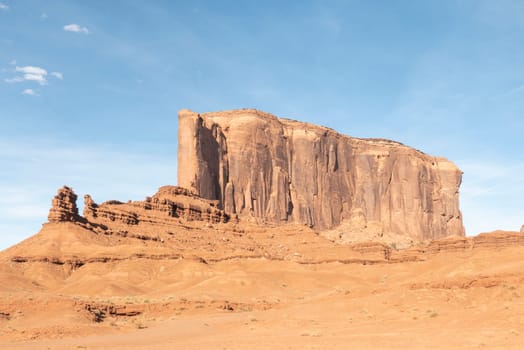 scenic view to monument valley with camel butte and blue sky, USA
