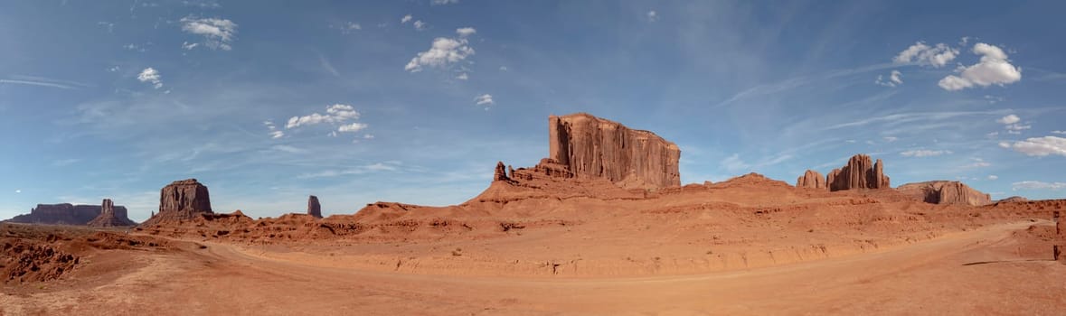 scenic panorama view to Monument valley in late afternoon light