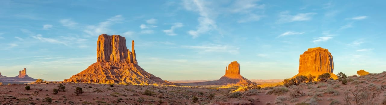 scenic view to the Mittens butte in monument valley seen from visitor center in early morning, USA