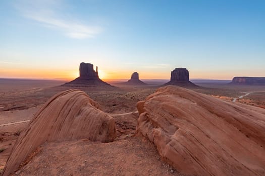 scenic view to monument valley with butte and blue sky, USA