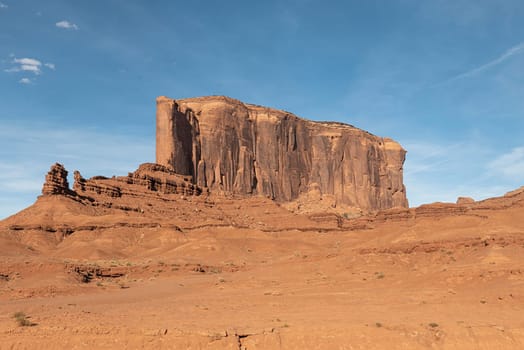 scenic view to monument valley with camel butte and blue sky, USA