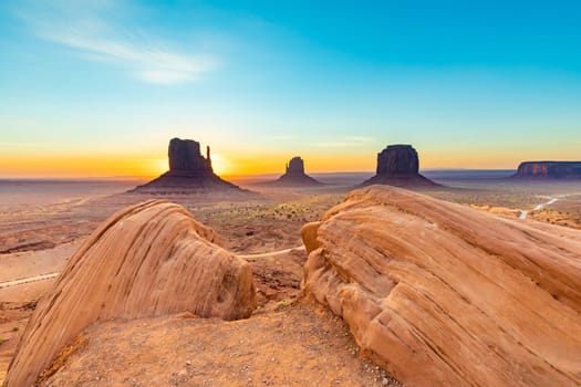 scenic view to monument valley with butte and blue sky, USA