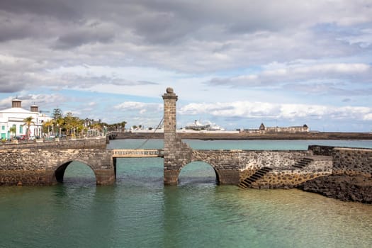 Historic draw bridge leading to San Gabriel Castle, Arrecife, capital city of Lanzarote, Canary Islands, Spain