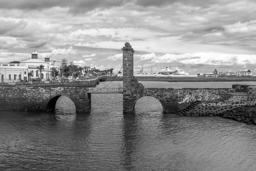 Historic draw bridge leading to San Gabriel Castle, Arrecife, capital city of Lanzarote, Canary Islands, Spain