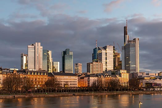 scenic view to skyline of Frankfurt am Main with river Main, Germany