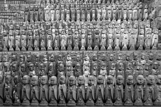 View of hundreds of small statues of the Jizo Bodhisattva at Hase Temple in Kamakura, Japan