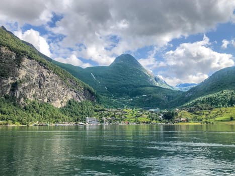 scenic view to village of Geiranger with the famous fjord, Norway