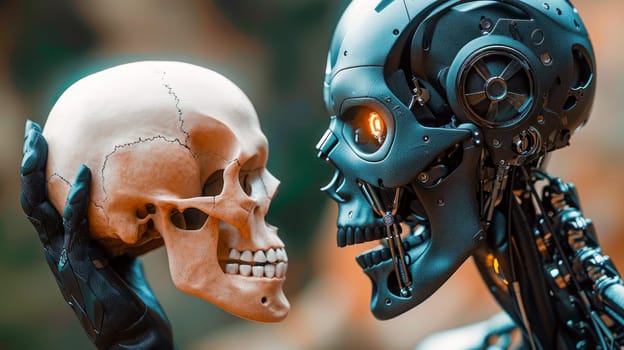 Cyborg holding the skull of a human and looking to it. Artificial intelligence against human. Evolution of Artificial intelligence concept. AI generated