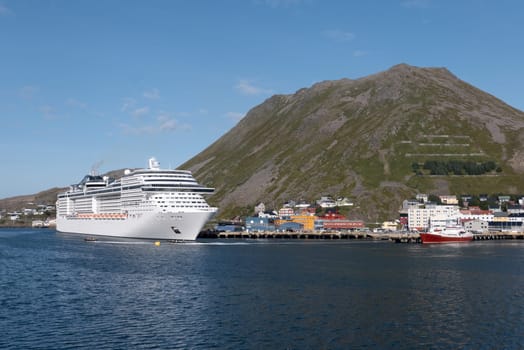 view to Honningsvag harbor at the northcape - german: Nordkap- from the cruise ship.