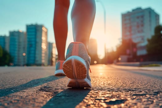 Young fitness woman runner athlete legs running on a morning city street. AI generated