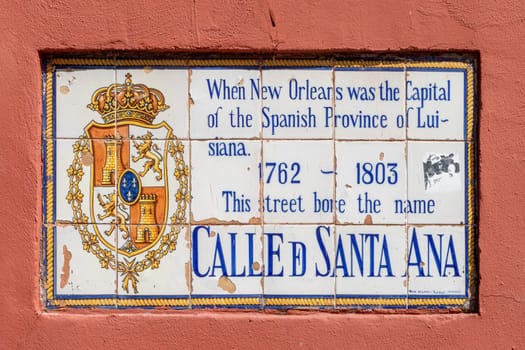 old street name Calle de Santa Ana painted on tiles in the French quarter in New Orleans, Louisiana, USA